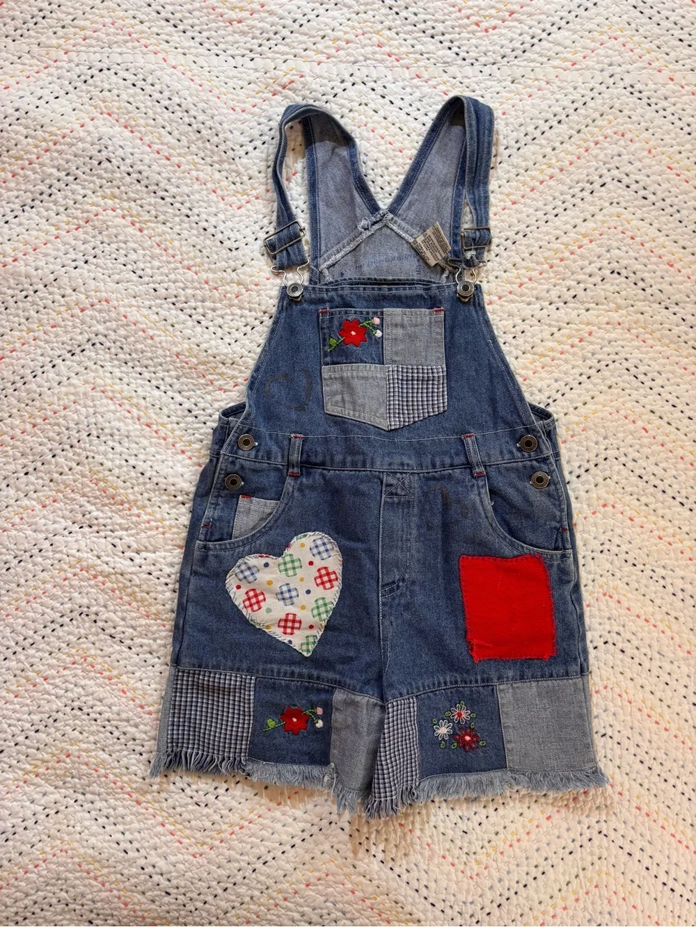 Girls' Blue Denim Patchwork Short Overalls with Red Accent